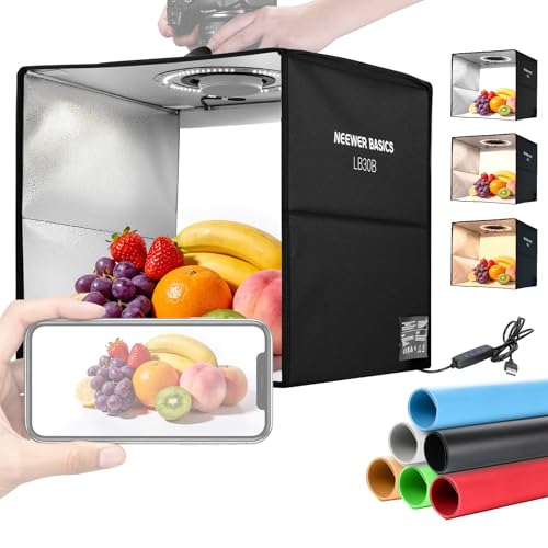 NEEWER Basics Bi Color Photo Studio Light Box, 12"x12"x12" Folding Photo Booth Shooting Tent with 6 Color Backdrops, 120 LEDs CRI95+ Dimmable for Tabletop Jewelry Electronics Food Photography, LB30B - size: 12"x12"x12"