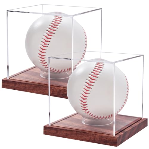 LITY 2 Pack Baseball Display Case, No Assembly Required Clear Cube Tennis Ball Holder with Solid Wooden Base, Autograph Baseball Stand Box for Single Ball - size: 2 Pack Baseball