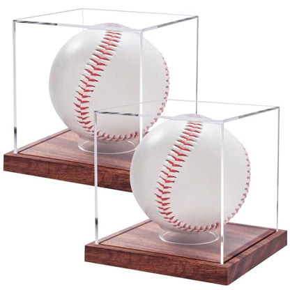 LITY 2 Pack Baseball Display Case, No Assembly Required Clear Cube Tennis Ball Holder with Solid Wooden Base, Autograph Baseball Stand Box for Single Ball - size: 2 Pack Baseball