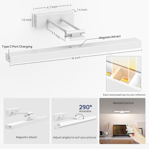 PESUTEN Picture Light Battery Operated, 16in Wireless Art Light for Paintings CCT Dimmable Recharging Battery Picture Light with Remote Control for Gallery Dartboard Art Bedroom Bathroom 2pcs White - color: White - 2 Pieces