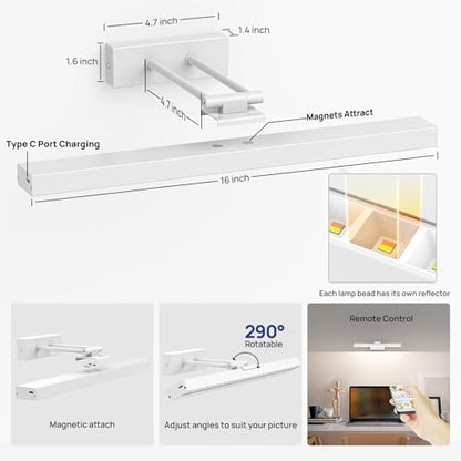 PESUTEN Picture Light Battery Operated, 16in Wireless Art Light for Paintings CCT Dimmable Recharging Battery Picture Light with Remote Control for Gallery Dartboard Art Bedroom Bathroom 2pcs White - color: White - 2 Pieces