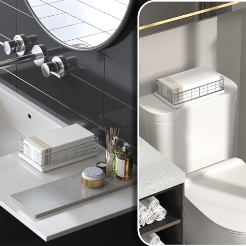 Wican Guest Towel Holder Tray for Bathroom, Oak and Iron Napkins Holder for Powder Room Dinning Table Wooden Basket for Disposable Paper Hand Towels Silvery and White - color: Silver/White, size: 9.06 x 5.51 x 2.56 inchs
