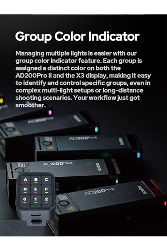 Godox AD200Pro II 200ws TTL Pocket Flash, Multi-Head System, Improved Heat Dissipation, 0.01-1.8s Recycling 1/512-1/1 Output 500 Full Power Flashes, Bi-Color Modeling Light, Color Screen & Indicator
