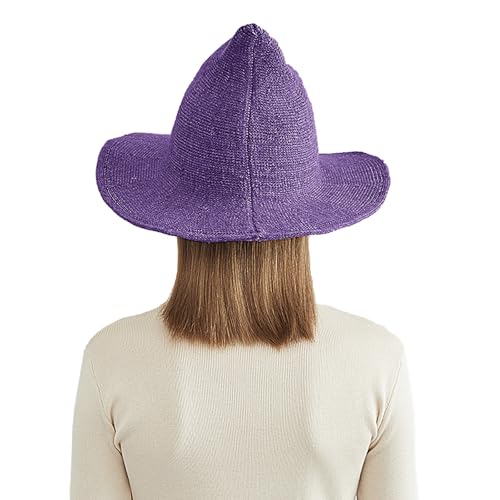 Halloween Witch Hat for Women Wide Brim Foldable Wizard Hat Wool Knit Pointed Cap Cosplay Costume Accessory - color: Purple