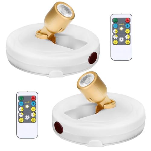 Wireless Spotlight Battery Powered, LED Picture Light with Remote, Accent Spot Light for Plant Tree Indoor, Dimmable Puck Lights, Stick Display Uplighting for Wall Decor Painting Dartboard Art Photo - color: White+Gold