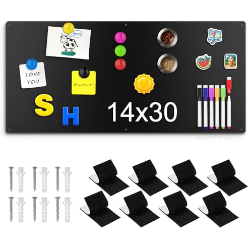 14" x 30" Magnetic Board, Black Magnet Bulletin Board to Display Magnetic Letters, Metal Board for Wall, Refrigerator Photo, with Dual Lock Tape and Screws, Marker Pen - color: Black, size: 14" x 30"