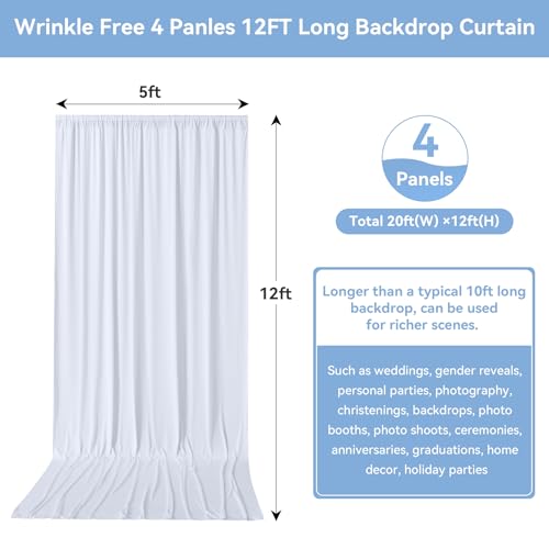 20FTx12FT White Wrinkle-Free Wedding Backdrop Curtain -Silky Washable White Polyester Drapes for Baby Showers, Birthday Parties, Photography, and Wedding Receptions-4 Panels 5FTx12FT - color: White, size: W5' x H12'(4 panels)