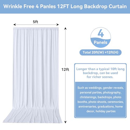 20FTx12FT White Wrinkle-Free Wedding Backdrop Curtain -Silky Washable White Polyester Drapes for Baby Showers, Birthday Parties, Photography, and Wedding Receptions-4 Panels 5FTx12FT - color: White, size: W5' x H12'(4 panels)