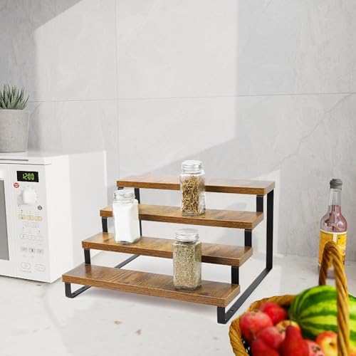 4-Tier Wooden Display Riser Shelf Stand for, Makeup, Cupcake, Condiment & Dolls Collection Home Decor Organizer, Expandable for Pantry/Counter (Brown, 4-Tier) - size: 4-Tier