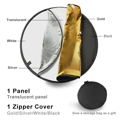 Reflector Photography 5-in-1, Portable Round Light Reflector Disc with Gold Silver White Black Diffuser, Durable & Water-Resistant for Portraits, Vlogging (24”/60cm) - size: 24 inch
