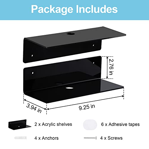 9 Inch Acrylic Floating Shelf No Drill Adhesive Wall Shelf Set of 2 for Funko Pop Storage, Floating Shelves Damage-Free Expand Wall Space for Living Room, Bathroom, Gaming Room, Office - Black - color: Black