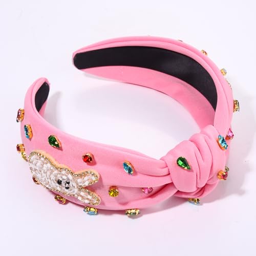 NVENF Easter Headband for Women Beaded Rabbit Bunny Headband White Pink Crystal Pearl Knotted Hairband Happy Easter Hair Accessories Spring Holiday Headwear Outfits Gifts (Bunny A - Pink) - color: Bunny A - Pink