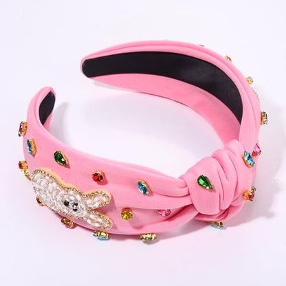 NVENF Easter Headband for Women Beaded Rabbit Bunny Headband White Pink Crystal Pearl Knotted Hairband Happy Easter Hair Accessories Spring Holiday Headwear Outfits Gifts (Bunny A - Pink) - color: Bunny A - Pink
