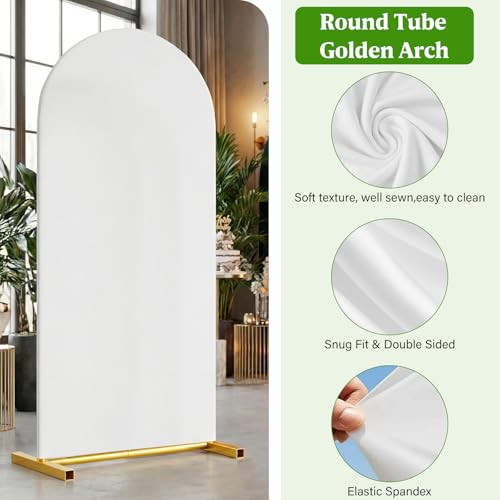 Arch Backdrop Stand and Cover Set, 7.2 x 4FT Gold Metal Wedding Arch for Ceremony, Heavy Duty Balloon Arch Stand with White Spandex Cover for Birthday Party, Baby Shower, Graduation, Event Decor - size: 7.2 Ft