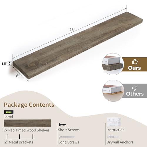 FLYJOE Solid Reclaimed Wood Floating Shelf 48inches Width and 8 inches Depth, Rustic Reclaimed Barnwood Wall Hanging Shelves with Invisible Heavy-Duty Metal Bracket，Cement Grey - color: Distressed Grey, size: 48inches-1P