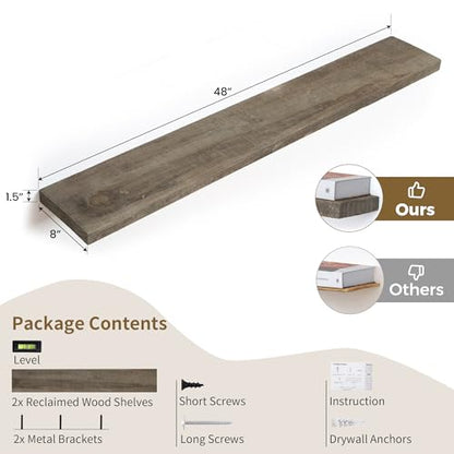 FLYJOE Solid Reclaimed Wood Floating Shelf 48inches Width and 8 inches Depth, Rustic Reclaimed Barnwood Wall Hanging Shelves with Invisible Heavy-Duty Metal Bracket，Cement Grey - color: Distressed Grey, size: 48inches-1P