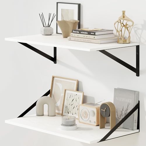 Fun Memories Floating Shelves for Wall, 12 Inch Deep Floating Shelves Set of 2, 24W x 12D Large Wall Shelf with Sturdy Metal Brackets for Living Room, Bathroom, Bedroom and Kitchen, White - color: A-white, size: 24"W x 12"D