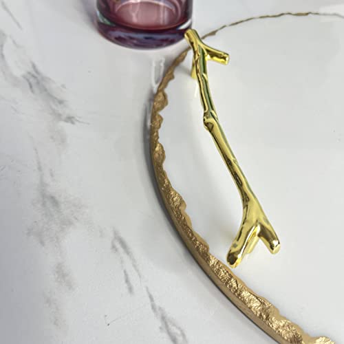 Luxury Marble Tray with Stylish Metal Handles, Vanity Tray, Marble Serving Tray for Kitchen, Counter, Dresser, Nightstand and Desk (White with Gold Edges and Handles (Round)) - color: Gold,white