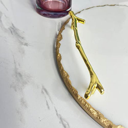 Luxury Marble Tray with Stylish Metal Handles, Vanity Tray, Marble Serving Tray for Kitchen, Counter, Dresser, Nightstand and Desk (White with Gold Edges and Handles (Round)) - color: Gold,white