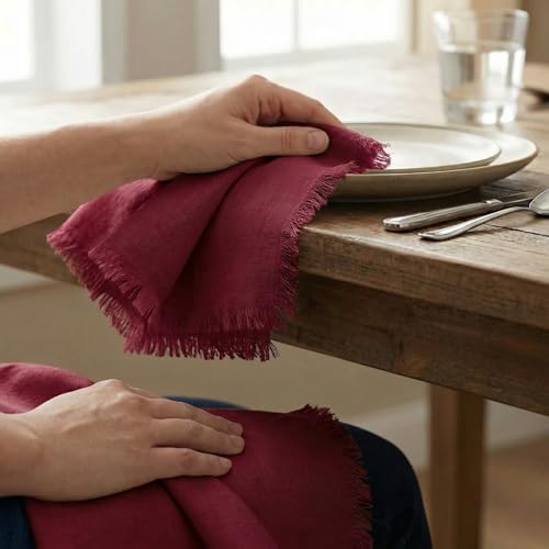 ACCENTHOME Burgundy Cotton Linen Napkin Set of 12 18x18 inch Dinner Napkins - Washable Soft Premium Hotel Quality Reusable Hemmed Edges Napkins Perfect Table Linens for Family Dinners, Weddings - color: 10 - Burgundy, size: 18"x18" - Pack of 12