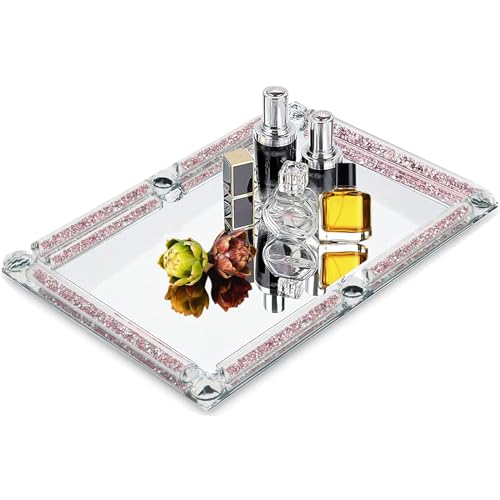 Crystal Perfume Tray,Crushed Diamond Filled Crystal Glass Tray,11.8" x 7.9" Rectangular Cosmetic Makeup Vanity Trays,Mirror Jewelry Trinket Tray,Serving Tray for Home Decor,Party,Hotel Banquet (Rose) - color: Rose