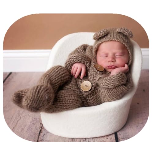 Newborn Photography Props Boys Girls Outfits Mohair Bear Hat Bonnet & Footed Romper Bodysuit Photoshoot Costume Set - color: Brown