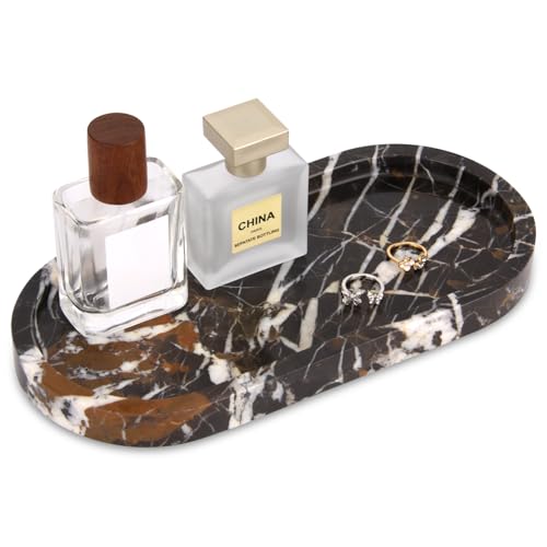 Natural Marble Tray Oval, Bathroom Vanity Tray for Countertop, Elegant Stone Decorative Organizer for Perfume, Jewelry, Home Decor (1, Black Gold, 10 x 5 x 0.6) - color: Black Gold