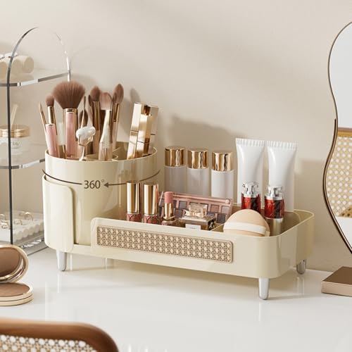 Booklov Rotating Makeup Caddy Organizer for Vanity, Large Capacity Cosmetic Display Case, Countertop Beauty Storage Holder for Skincare, Brush Eyeliner Lipstick, Counter Table Organization, Cream - color: Cream, size: L02