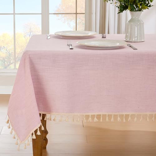 JIALE Valentines Textured Tablecloth, Heavy Duty Linen Style Farmhouse Table Cloth Rectangle Tables, Wrinkle-Free Washable Waterproof Table Cover for Kitchen, Dining, Parties, 55"x90", Pink - color: Pink, size: 90" x 55" (Rectangular)