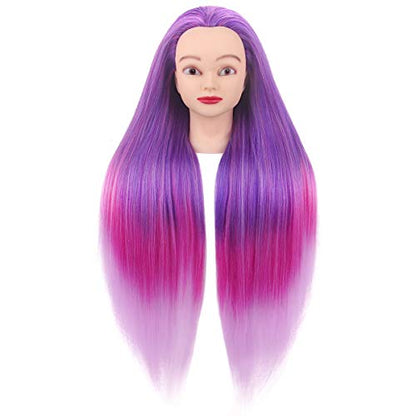 Mannequin Head with Hair, Beauty Star Doll Head for Styling, 29" Long Syntheic Hair Cosmetology Hairdressing Training Practice Manikin Head with Clamp Stand and Braiding Kit for Girls - color: Pink & Purple