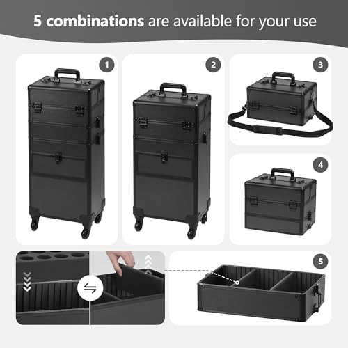 Somduy 4 in 1 Rolling Makeup Case on Wheels with Drawer and Professional Cosmetic Organizers for Salon Barber - Bright Black - color: Bright Black