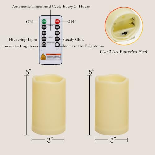 Homemory 3"x5" Flameless Candles, Outdoor Waterproof, Battery Operated LED Pillar Candles with Remote Control and Timer, Plastic, Long Lasting - size: 3"x5"5"