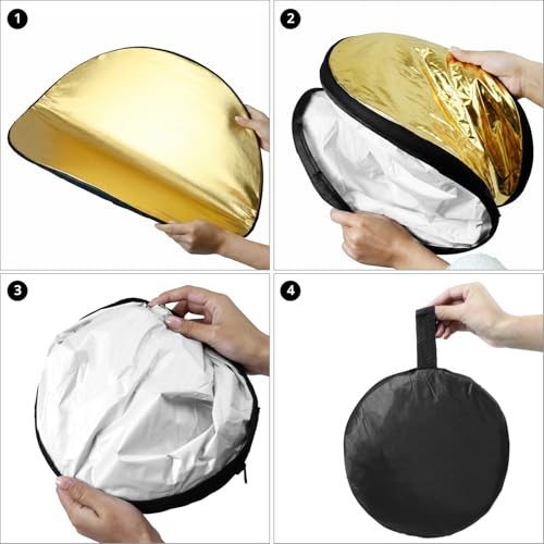 QWORK 22 Inch (60 cm) 5-in-1 Collapsible Light Reflector & Diffuser - Translucent, Silver, Gold, White, Black, Multi Disc Photography Reflector for Studio Outdoor Photography