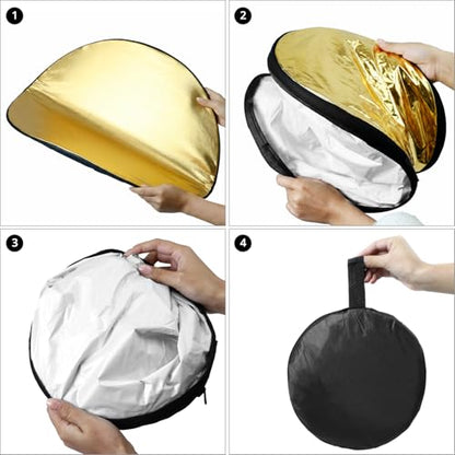 QWORK 22 Inch (60 cm) 5-in-1 Collapsible Light Reflector & Diffuser - Translucent, Silver, Gold, White, Black, Multi Disc Photography Reflector for Studio Outdoor Photography