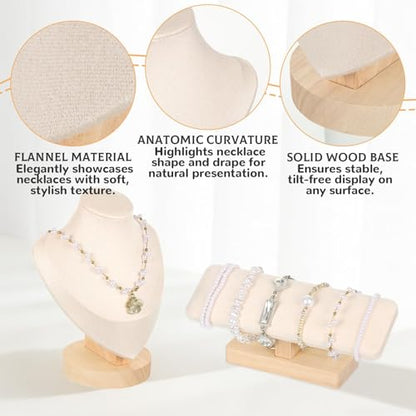 Rainmae 4Pcs Jewelry Display Set, Necklace Display Stand and T Bar Bracelet Holder, Wooden Necklace/Watch/Bracelet Display Rack, Jewelry Bust for Selling for Vendors Home Trade Organizer