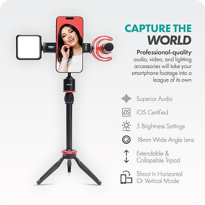 Movo iVlog1 Vlogging Kit - iPhone Lightning Compatible YouTube Starter Kit - Shotgun Microphone, Mini Tripod, LED Light, Wide-Angle Lens, Lightning Adapter - size: Lightning