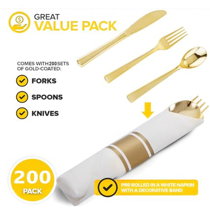 200Guests Pre Rolled Gold Plastic Silverware Sets - Heavy Duty Gold Cutlery - Include 200 Pack Wrapped Disposable Utensils with Napkins for Parties & Dinners & Weddings - color: 200Pack - Gold