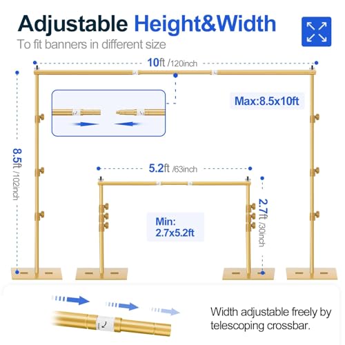 EMART Backdrop Stand, 8.5x10ft Width Adjustable Photography Background Support Poles with Heavy Duty Flat Base, Photo Metal Steel Pipe and Drape Frame Kit for Parties Birthday Wedding - Gold - color: Gold, size: 8.5x10ft