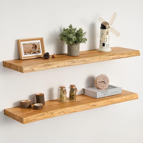 Floating Shelves Set of 2, Solid Elm Wood Wall Shelves 32 Inch - Invisible Bracket Mount for Living Room, Bedroom, Kitchen, Bathroom - Natural - color: Clear Natural, size: 32"L, 2-Pack
