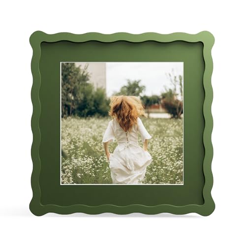 10x10 Picture Frame with Mat for 8x8, Wavy Edge Wooden Real Glass Photo Frame for Tabletop and Wall Hanging, Green, 1 Pack - color: Green, size: 10x10 in