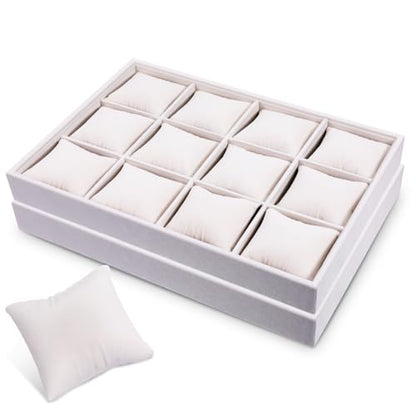 2 Pcs Velvet Watch Tray, 12 Grid Jewelry Organizer Stackable Tray Watch Bracelet Bangle Display Holder with Adjustable Pillows for Woman Man (Beige)