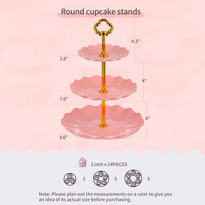 Pack of 11 NWK Cake Stand Set, with 3 x Two-Tier and 3 x Three-Tier Cupcake Stands, 4 x Appetizer Trays, 1 x Tablecloth for Birthday Bridal Baby Shower Party (Pink) - color: Pink
