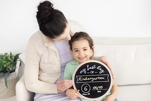 Kate & Milo Double Sided Back to School Board for Kids Girls Boys, My First and Last Day Chalkboard Sign, Preschool Kindergarten 1st Grade, Reusable Photo Prop for Pictures, Chalk Included - style: Wooden Round Chalkboard