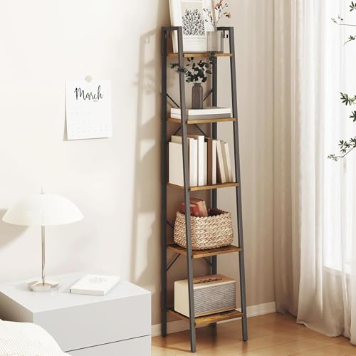 Hzuaneri Ladder Shelf, Bookshelf Bookcase, Freestanding Corner Storage Shelve with 2 Hooks for Home Office, Living Room, Kitchen, Bedroom, Industrial, 11.8" D x 13.4" W x 63" H, Rustic Brown BC03201B - color: Rustic Brown, size: 11.8"D x 13.4"W x 63"H
