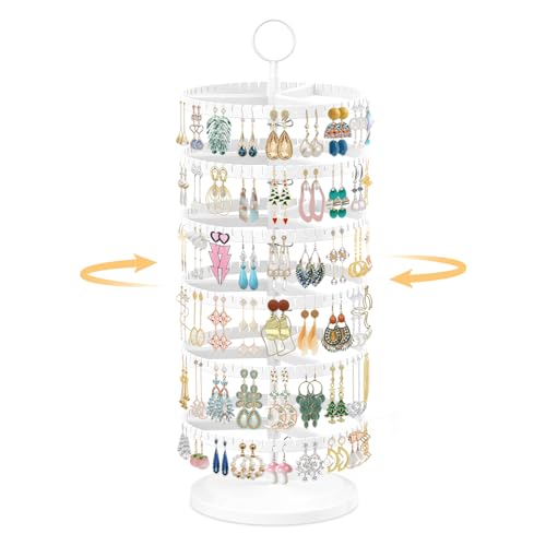 EsLuker.ly Earring Holder Organizer Rotating Stud Display Tree Rack with 342 U-Slots for Women Girls, Large Adjustable 6 Tier Plastic Storage Stand with Metal Tray for Pierced Hoop Post Earring, White - color: White