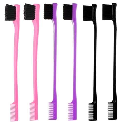 6Pack Double Sided Edge Control Hair Brush Professional Edge Control Hair Brush Comb Set, Dual-Sided Bristle Design, Pink Purple Black - color: Purple