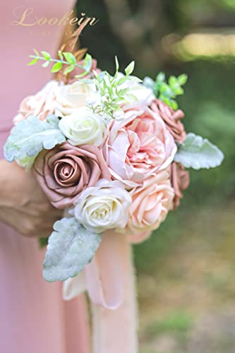 Lookein Bridesmaid Bouquet Set of 4 Boho Wedding Bouquet 7-Inch Fake Flower Bouquet for Bride Tossing Bouquet for Wedding Ceremony, Elegant Dusty Rose - color: 7" French Dusty Rose