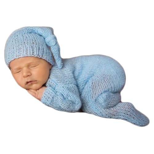 Newborn Photography Prop Baby Boys Girls Photoshoot Outfits Newborn Photo Knitted Romper Sleepy Hat Picture Outfit - color: Light Blue