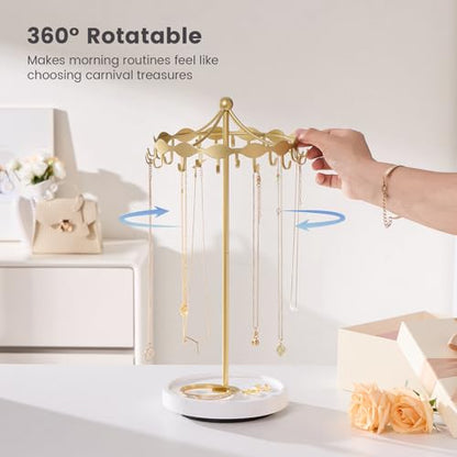 Lolalet Rotating Necklace Holder Stand with Metal Hooks, Spinning Display Carousels, Freestanding Organizer Hanger for Long Necklaces Chains, Mother's Day Birthday Gifts -Gold - color: Gold