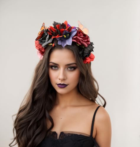 Elegant Butterfly Flower Headband for Women Boho Handmade Rose Floral Crown Wedding Bridal Festivals Cosplay Prom Photo Props Headpiece (C2 red, Adjustable) - color: C2 red
